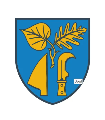 Modrý znak se zlatým listem, sekerou a kosou.